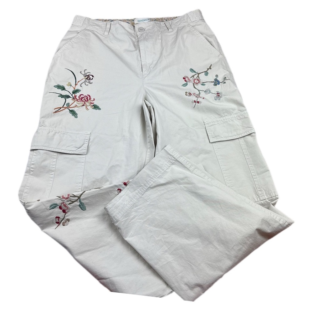 Sundance Cream Off White Floral Embroidered Cargo Pants Size 12